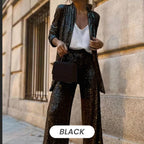 Sequin Open Front Top Wide Leg Pants Set