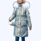 Women's Shimmering Quilted Winter Coat with Faux Fur Trim Hood