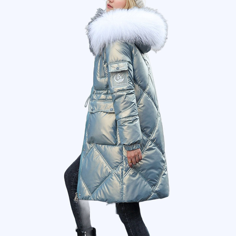 Women's Shimmering Quilted Winter Coat with Faux Fur Trim Hood
