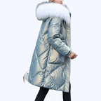 Women's Shimmering Quilted Winter Coat with Faux Fur Trim Hood