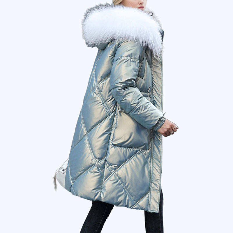 Women's Shimmering Quilted Winter Coat with Faux Fur Trim Hood
