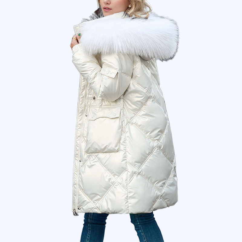Women's Shimmering Quilted Winter Coat with Faux Fur Trim Hood