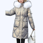 Women's Shimmering Quilted Winter Coat with Faux Fur Trim Hood