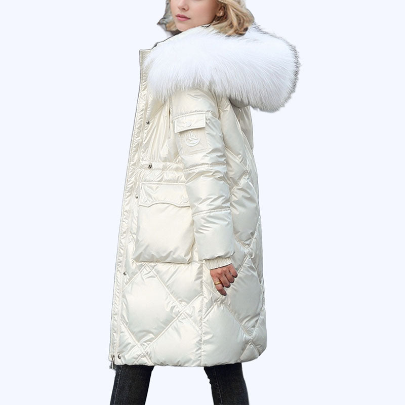 Women's Shimmering Quilted Winter Coat with Faux Fur Trim Hood