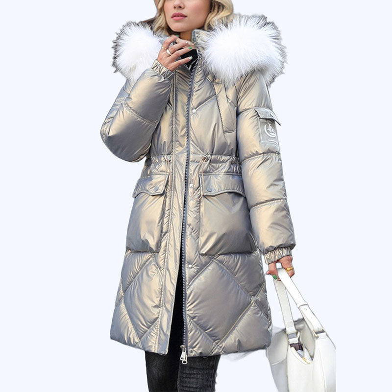 Women's Shimmering Quilted Winter Coat with Faux Fur Trim Hood