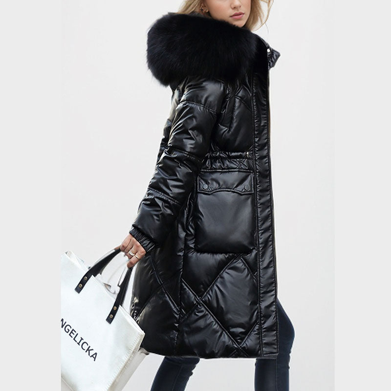 Women's Shimmering Quilted Winter Coat with Faux Fur Trim Hood