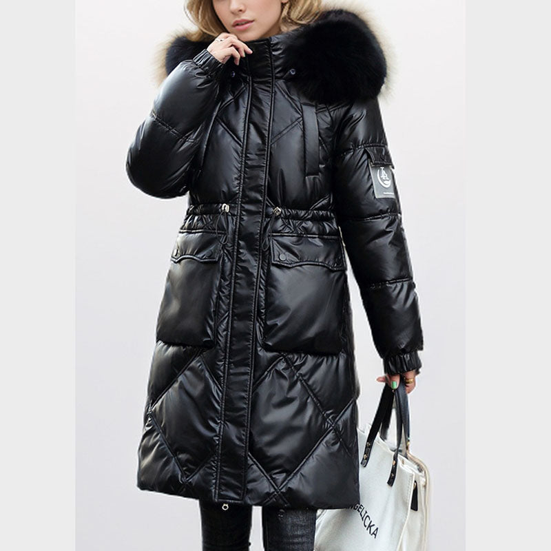 Women's Shimmering Quilted Winter Coat with Faux Fur Trim Hood