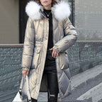 Women's Shimmering Quilted Winter Coat with Faux Fur Trim Hood