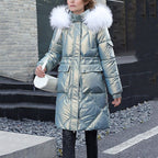 Women's Shimmering Quilted Winter Coat with Faux Fur Trim Hood