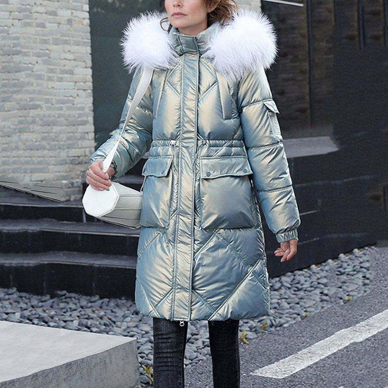Women's Shimmering Quilted Winter Coat with Faux Fur Trim Hood