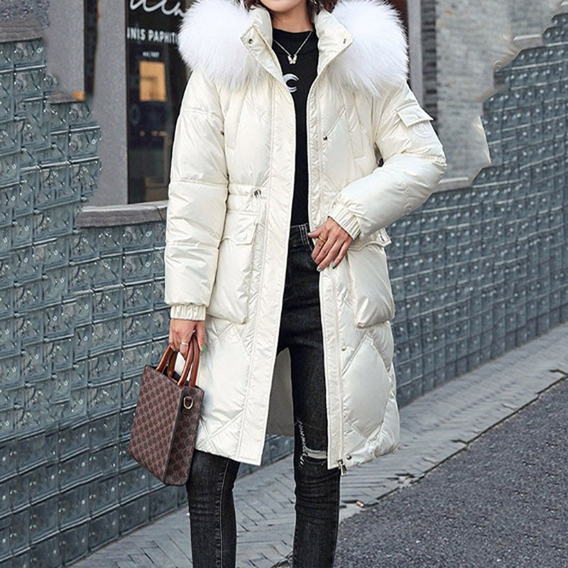 Women's Shimmering Quilted Winter Coat with Faux Fur Trim Hood