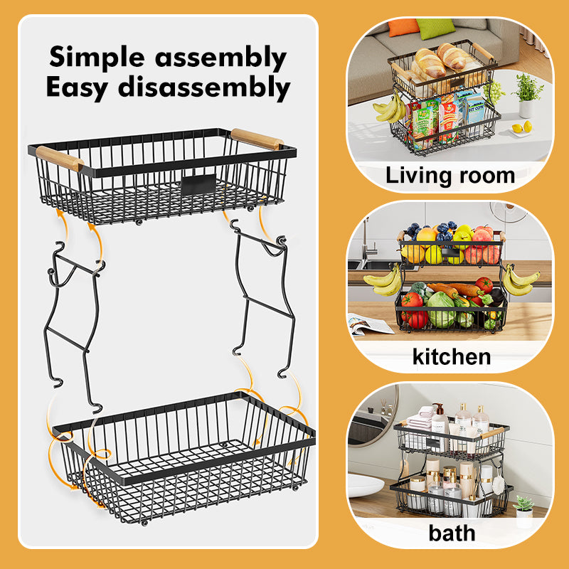 Double-layer Removable Wooden Handle Wire Basket