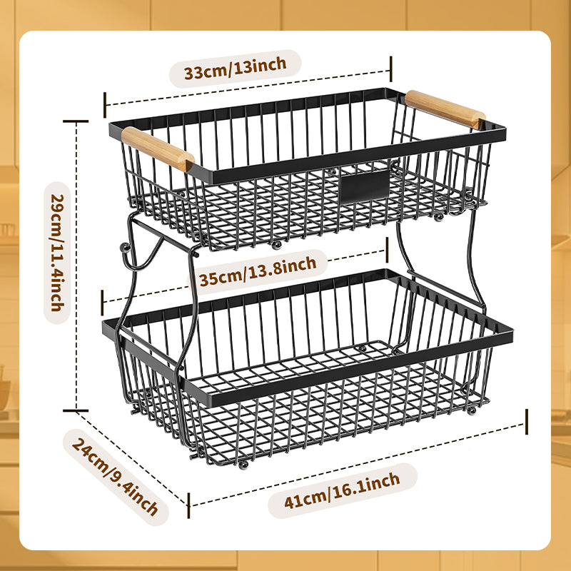 Double-layer Removable Wooden Handle Wire Basket