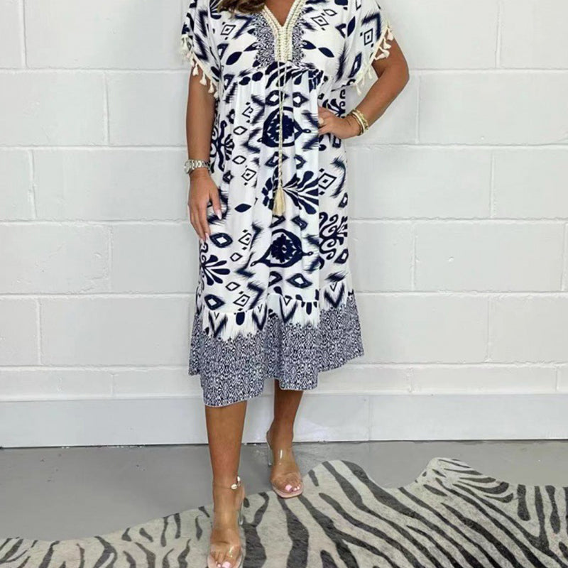 🔥2025 HOT SALE💃Printed V-Neck Casual Dress With Fringes on the Sleeves✨