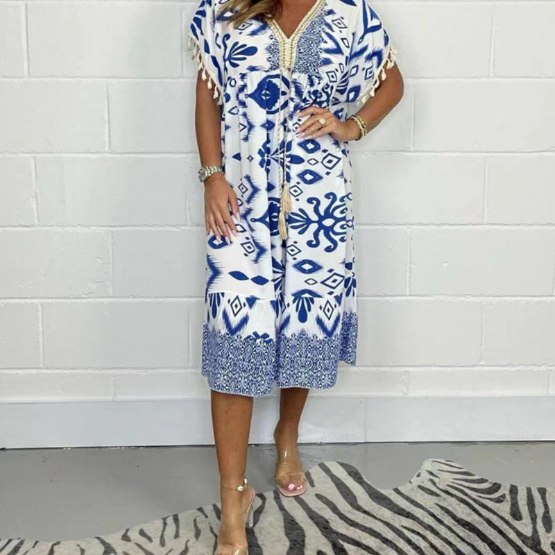 🔥2025 HOT SALE💃Printed V-Neck Casual Dress With Fringes on the Sleeves✨