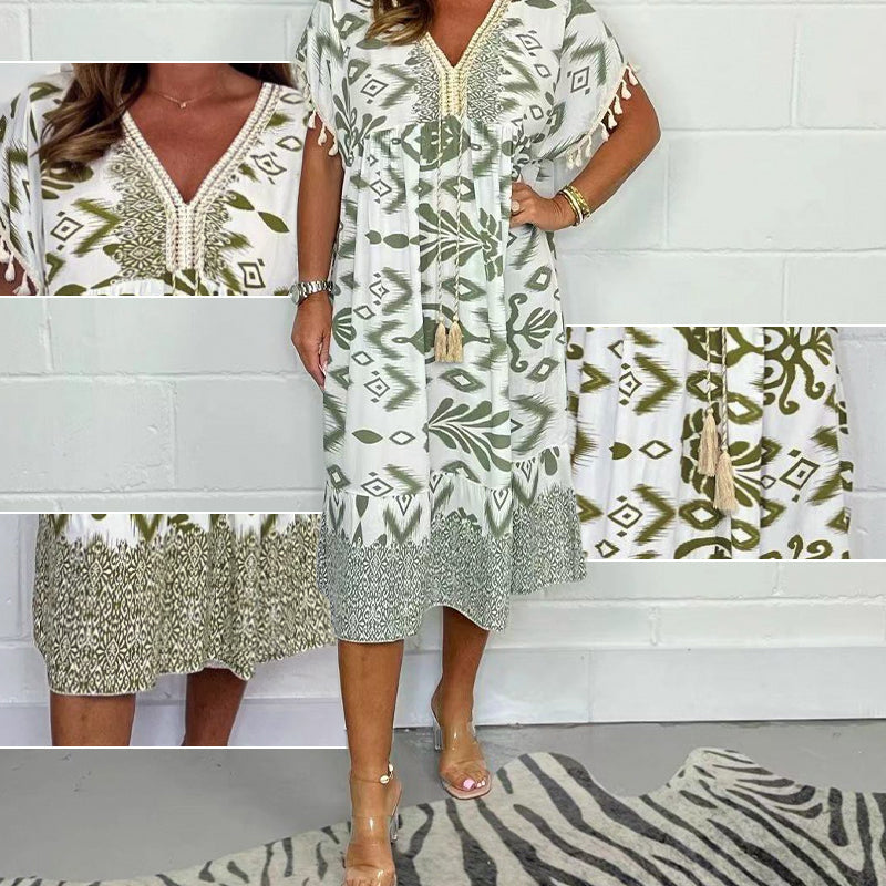 🔥2025 HOT SALE💃Printed V-Neck Casual Dress With Fringes on the Sleeves✨
