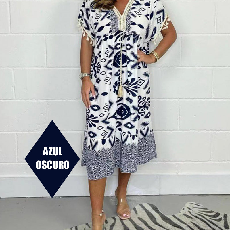 🔥2025 HOT SALE💃Printed V-Neck Casual Dress With Fringes on the Sleeves✨