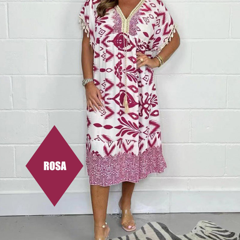 🔥2025 HOT SALE💃Printed V-Neck Casual Dress With Fringes on the Sleeves✨