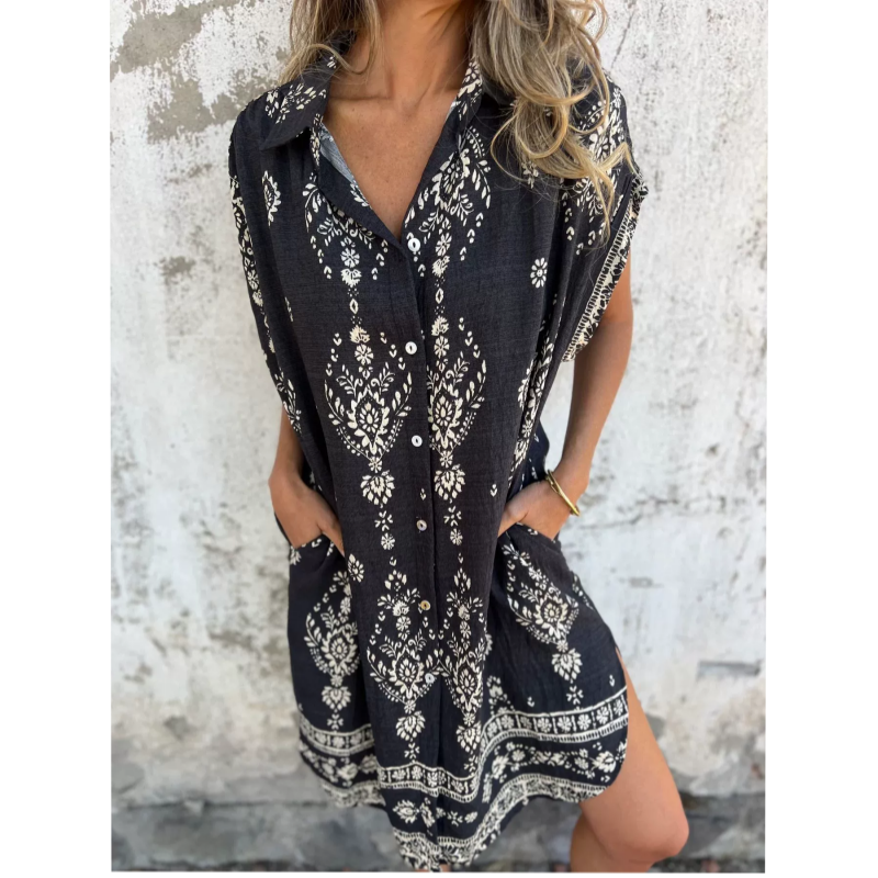 💕New Arrival Hot Sale 60 %OFF💕👗Loose-Fit Printed Short Sleeve Dress with Pockets