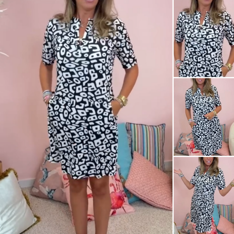 ✨Hot Flash Sale! Stylish Women’s V - Neck Short Sleeve Printed Casual Dress 🔥