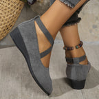 Elegant Solid Color Elastic Strap Low Wedge Shoes