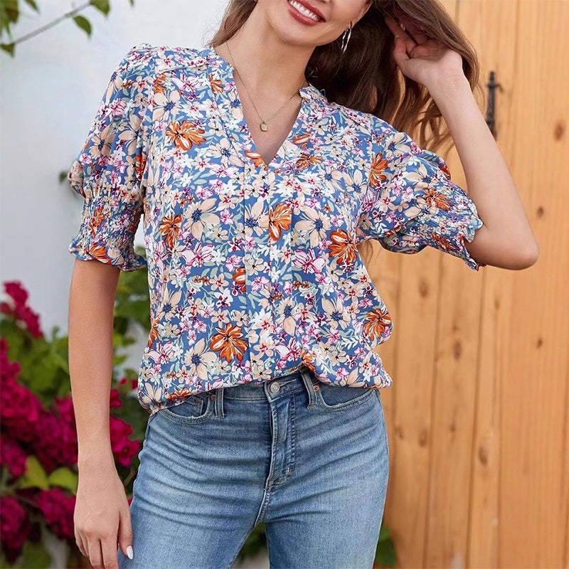 Floral V-neck Puff Sleeve Blouse For Women