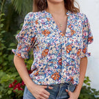 Floral V-neck Puff Sleeve Blouse For Women