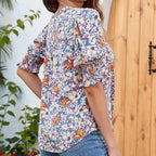 Floral V-neck Puff Sleeve Blouse For Women