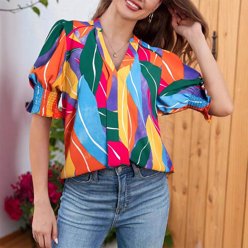 Floral V-neck Puff Sleeve Blouse For Women