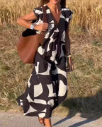 🎁49% OFF! 🔥V-neck printed skirt, romantic and thin。