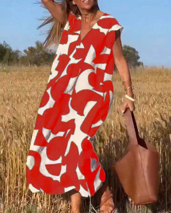 🎁49% OFF! 🔥V-neck printed skirt, romantic and thin。