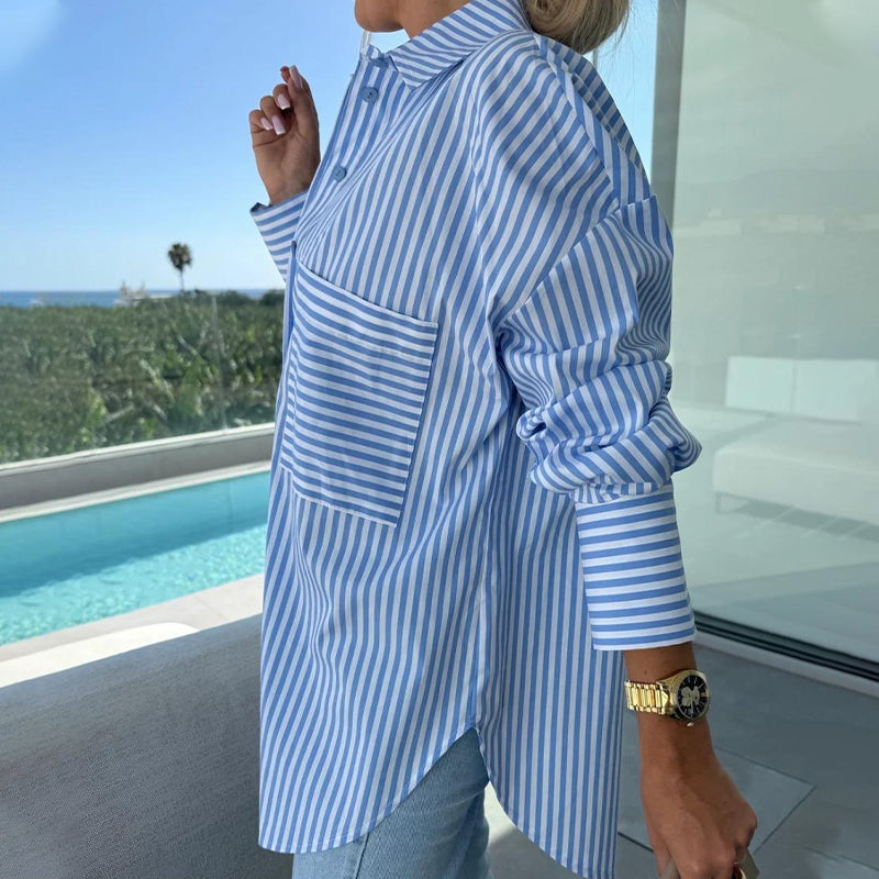 🌸Spring Specials💐 Women's Long Sleeve Casual Striped Loose Mid-Length Shirt