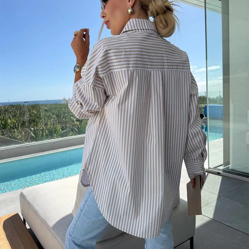 🌸Spring Specials💐 Women's Long Sleeve Casual Striped Loose Mid-Length Shirt