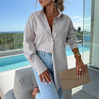 🌸Spring Specials💐 Women's Long Sleeve Casual Striped Loose Mid-Length Shirt
