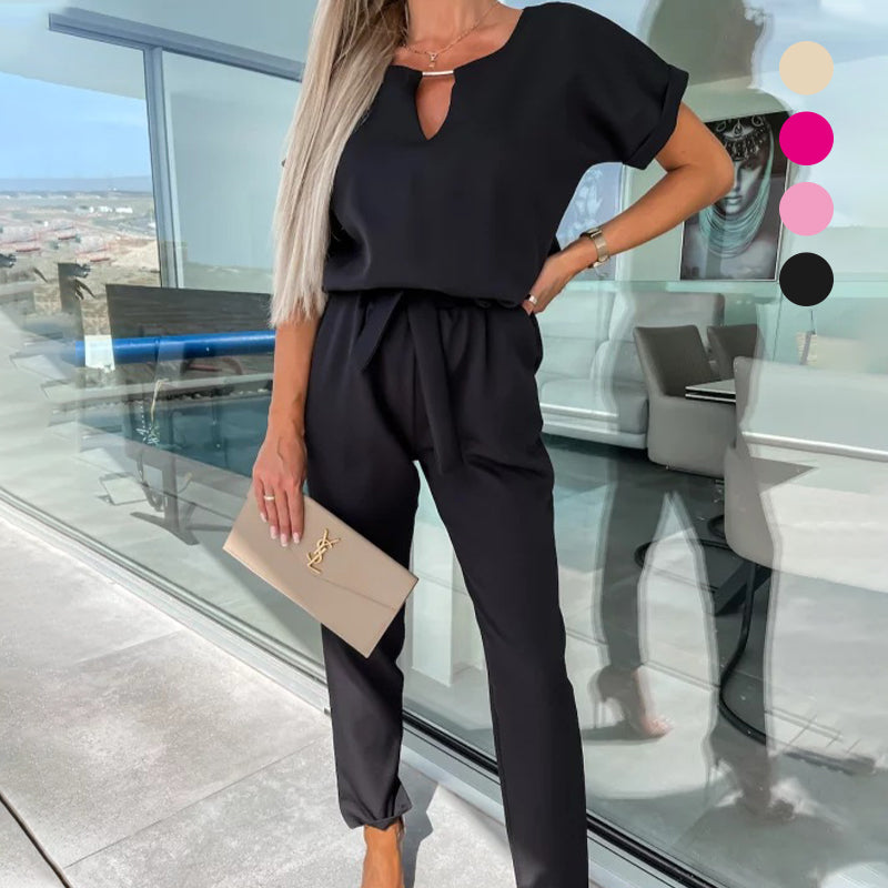 💕Limited Sale 50% OFF💕Women's Trendy V-Neck Short Sleeve Jumpsuit with Tie Waist