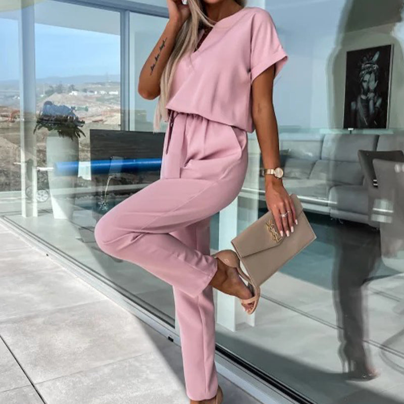 💕Limited Sale 50% OFF💕Women's Trendy V-Neck Short Sleeve Jumpsuit with Tie Waist