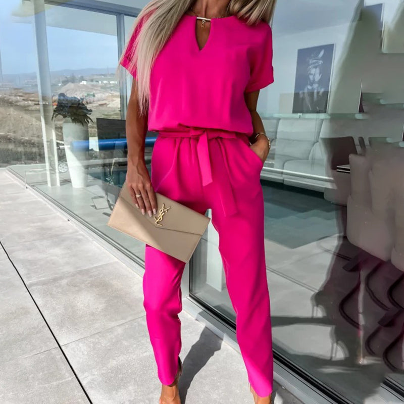 💕Limited Sale 50% OFF💕Women's Trendy V-Neck Short Sleeve Jumpsuit with Tie Waist