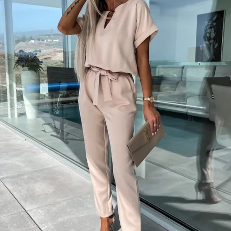 💕Limited Sale 50% OFF💕Women's Trendy V-Neck Short Sleeve Jumpsuit with Tie Waist