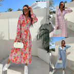 🌴Summer Specials🌴Fashion V-Neck Button Long Sleeve Floral Waist Dresses