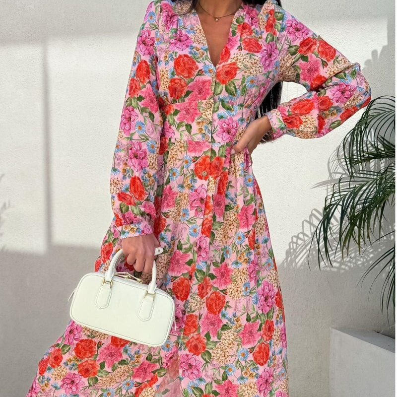 🌴Summer Specials🌴Fashion V-Neck Button Long Sleeve Floral Waist Dresses