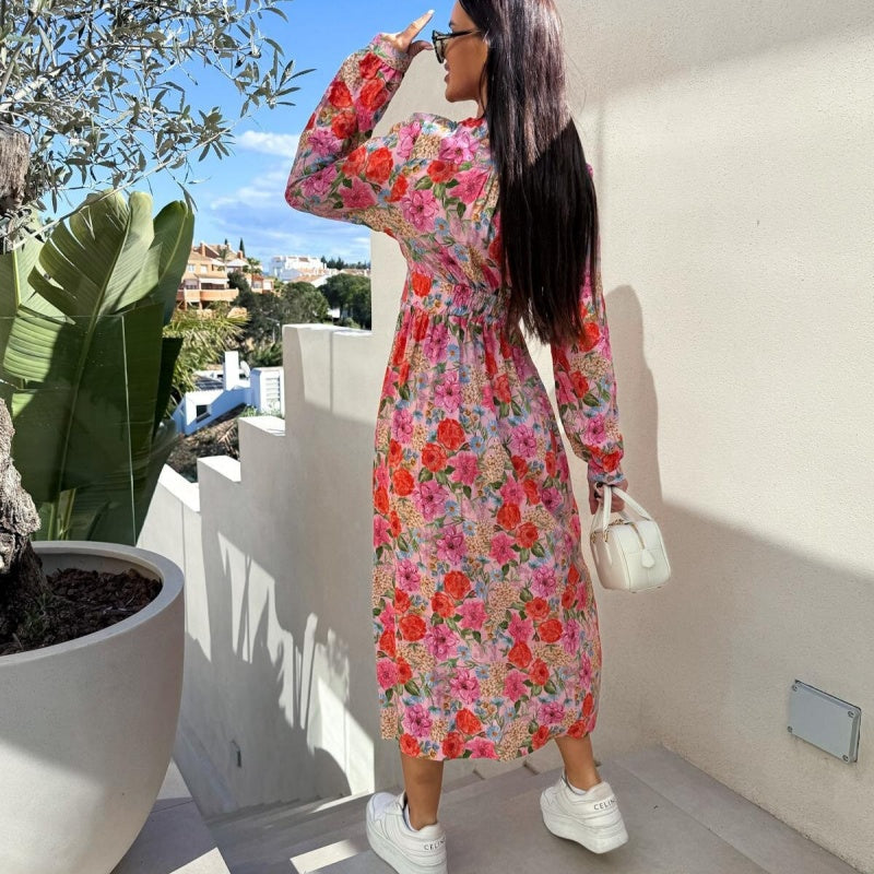 🌴Summer Specials🌴Fashion V-Neck Button Long Sleeve Floral Waist Dresses