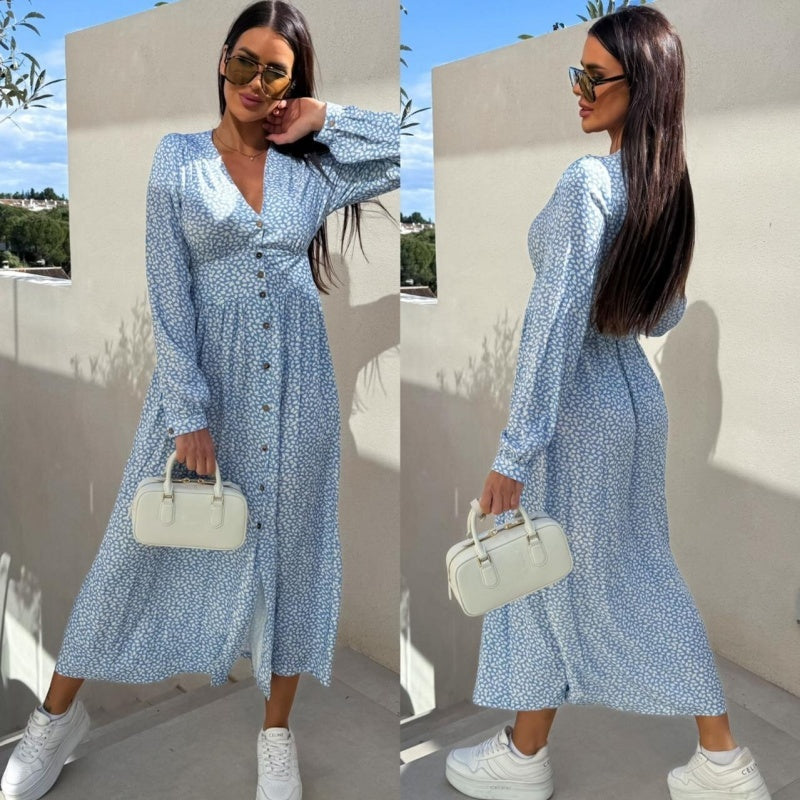 🌴Summer Specials🌴Fashion V-Neck Button Long Sleeve Floral Waist Dresses