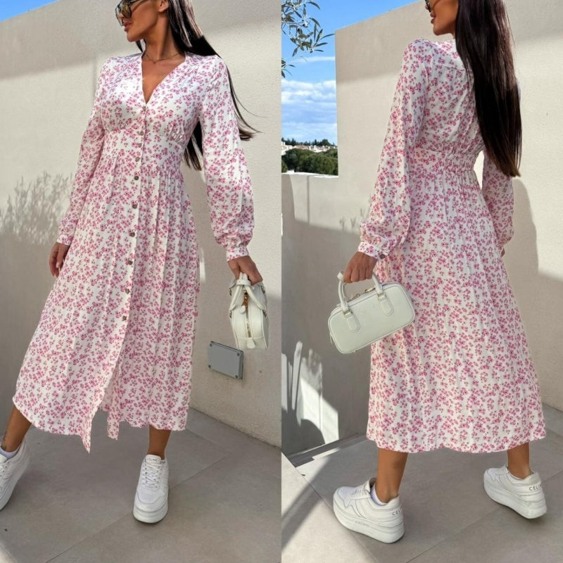 🌴Summer Specials🌴Fashion V-Neck Button Long Sleeve Floral Waist Dresses
