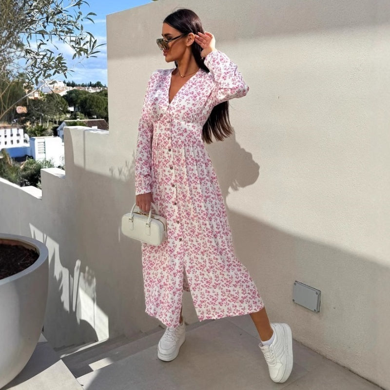 🌴Summer Specials🌴Fashion V-Neck Button Long Sleeve Floral Waist Dresses