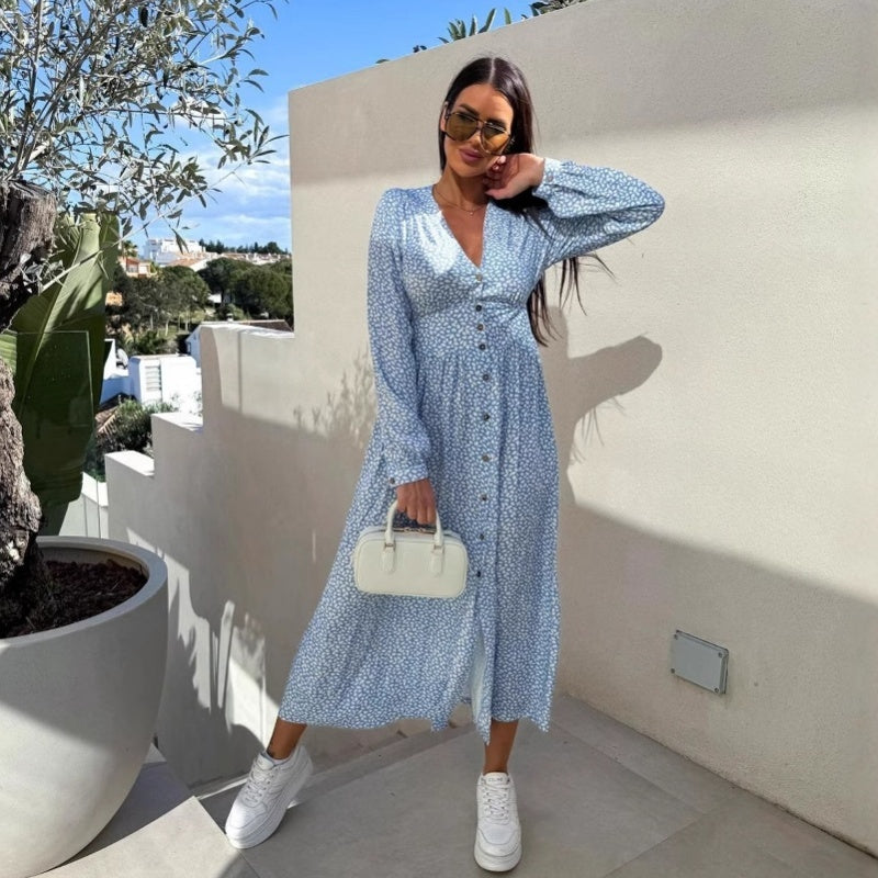 🌴Summer Specials🌴Fashion V-Neck Button Long Sleeve Floral Waist Dresses