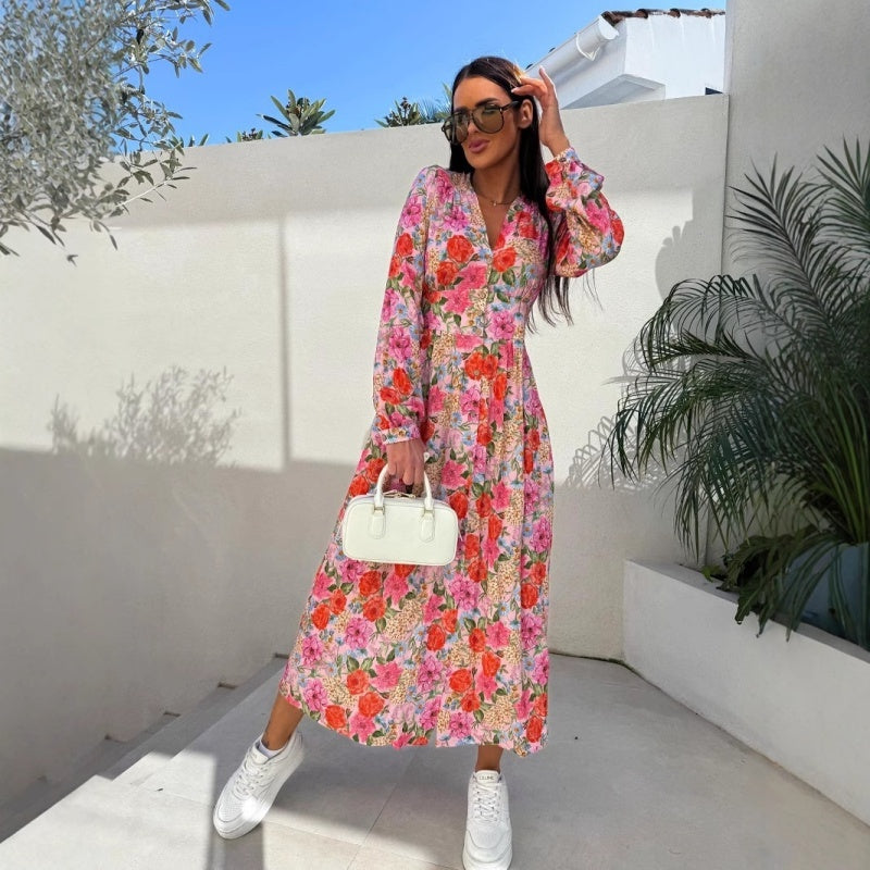 🌴Summer Specials🌴Fashion V-Neck Button Long Sleeve Floral Waist Dresses
