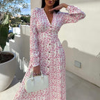 🌴Summer Specials🌴Fashion V-Neck Button Long Sleeve Floral Waist Dresses