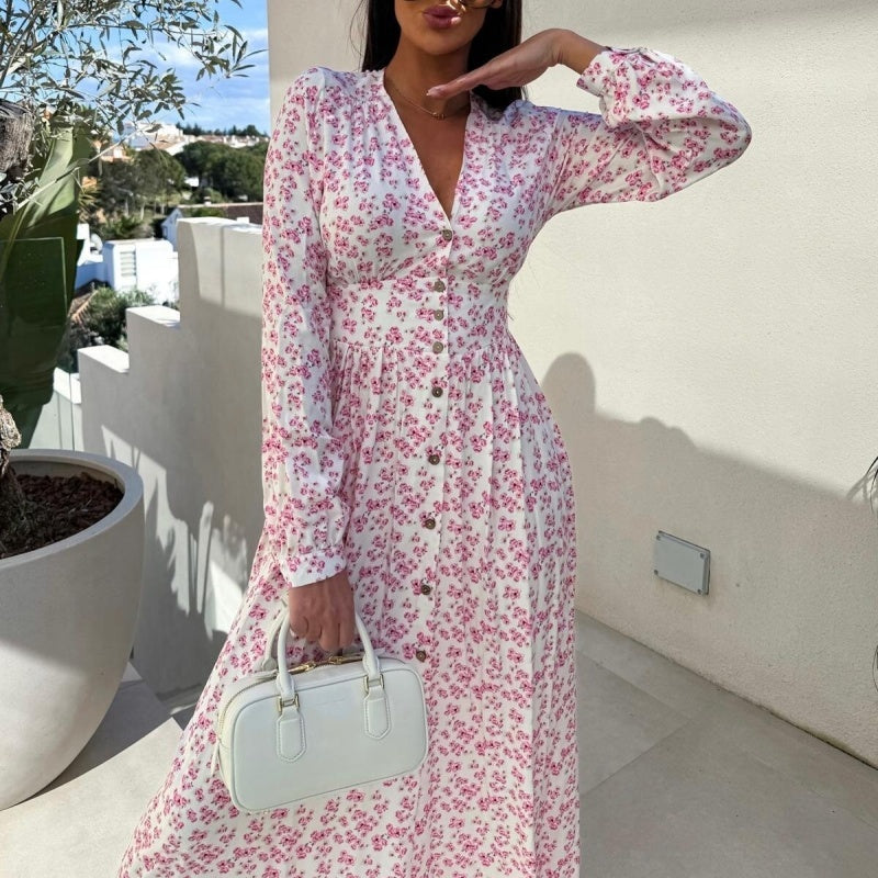 🌴Summer Specials🌴Fashion V-Neck Button Long Sleeve Floral Waist Dresses