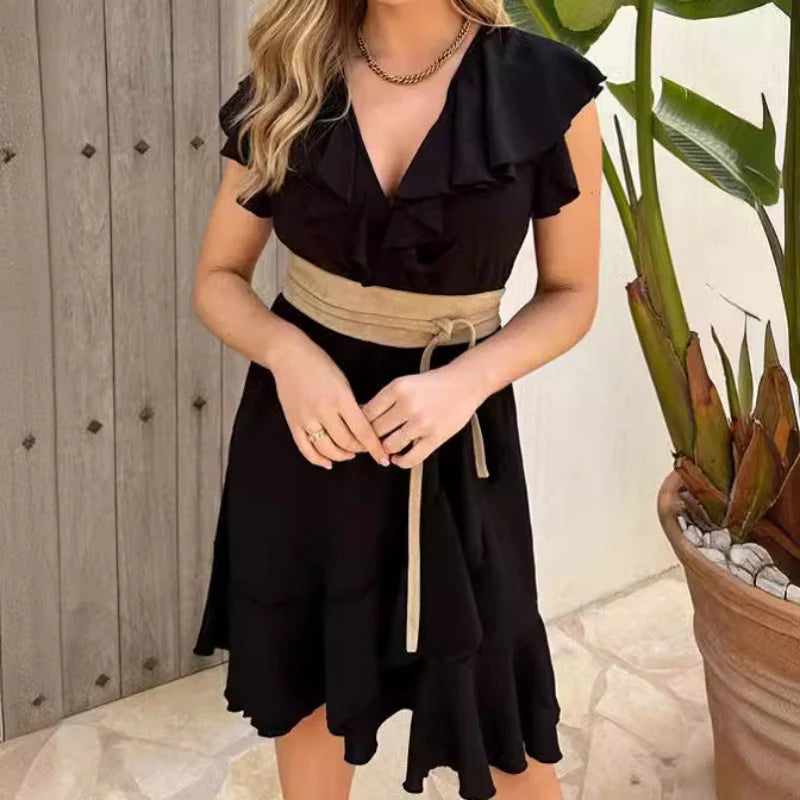 ⏰Final Hours! 50% Women's Elegant V Neck Ruffle Waist Dress✨