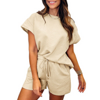 Women's Solid Textured Casual Short Sleeve Top Drawstring Shorts Set